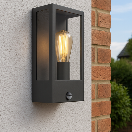 Outdoor Wall Lantern with PIR Sensor – Box Glass Porch Light, E27, IP44, Black