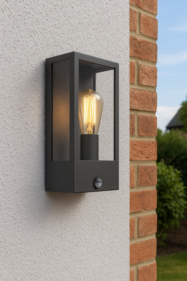 Outdoor Wall Lantern with PIR Sensor – Box Glass Porch Light, E27, IP44, Black