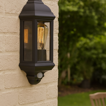 Outdoor Half Lantern Wall Light with PIR Sensor – E27, Black, IP44