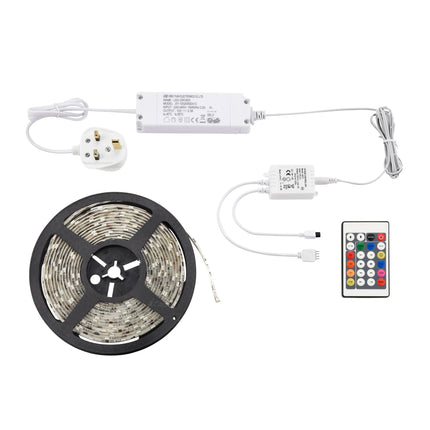 LED strip light set with power adapter, cable, and remote control on a white background