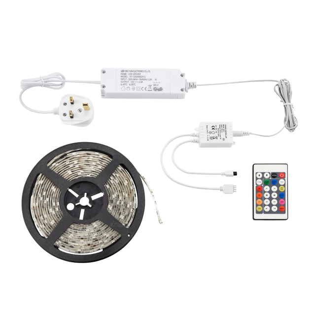 LED strip light set with power adapter, cable, and remote control on a white background