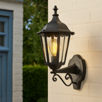 Burford Outdoor Coach Lantern – Up Wall Porch Light, E27, IP44, Black Die-Cast Aluminium