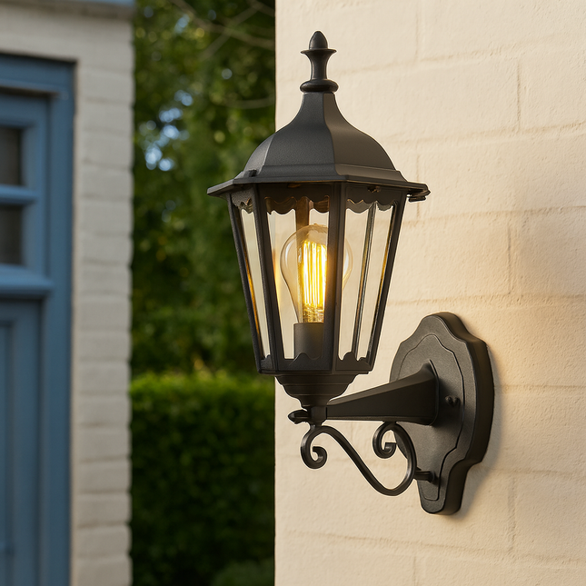 Burford Outdoor Coach Lantern – Up Wall Porch Light, E27, IP44, Black Die-Cast Aluminium