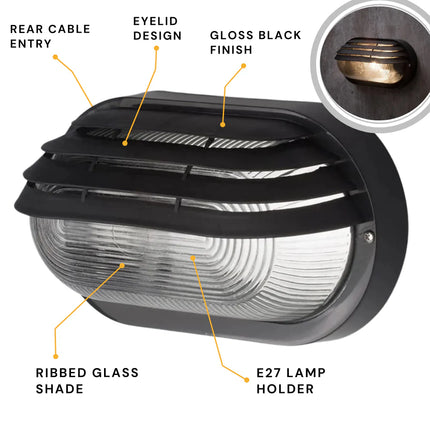 Oval Bulkhead Outdoor Light – E27, Black Caged Glass Fitting, IP44