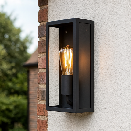 Outdoor Wall Lantern – Box Glass Porch Light, E27, IP44, Black