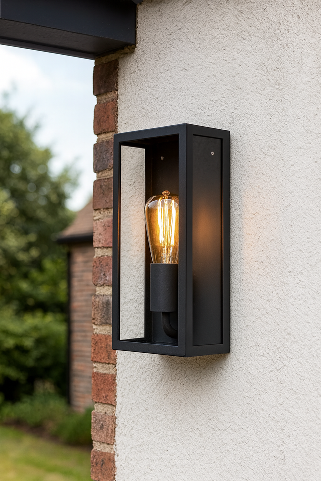 Outdoor Wall Lantern – Box Glass Porch Light, E27, IP44, Black