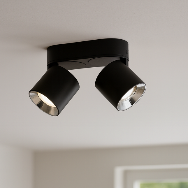 Twin Adjustable Modern Spotlight – GU10 Ceiling Light, Matt Black, IP20