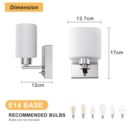 Up Indoor Wall Light – Fixed Reading Lamp with Glass Shade, On/Off Switch, Polished Chrome