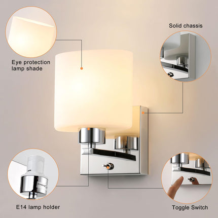 Up Indoor Wall Light – Fixed Reading Lamp with Glass Shade, On/Off Switch, Polished Chrome