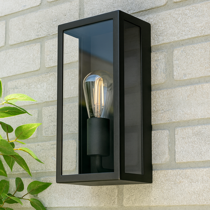 Outdoor Wall Lantern – Box Glass Porch Light, E27, IP44, Black