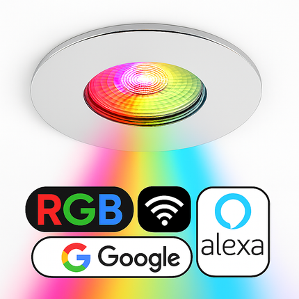 Smart Wifi RGB-CCT Fire-Rated Downlight (Alexa & Google) – IP65, GU10, Polished Chrome