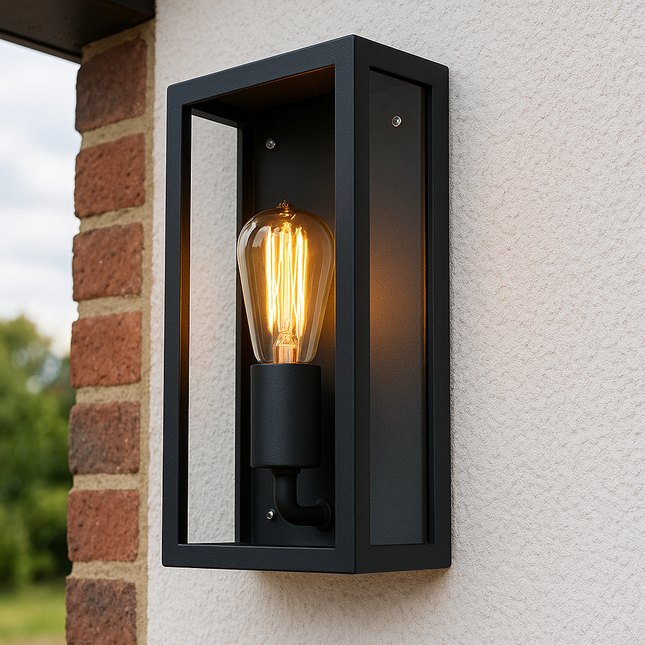 Outdoor Wall Lantern – Box Glass Porch Light, E27, IP44, Black