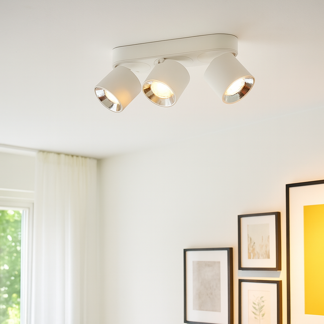 Ceiling light fixture in a room with framed pictures on the wall