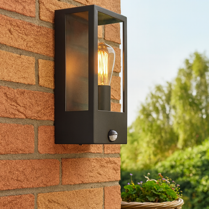 Outdoor Wall Lantern with PIR Sensor – Box Glass Porch Light, E27, IP44, Black