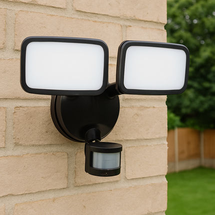 Lynn LED Outdoor Twin Wall Spot Flood Light with PIR Sensor – 10W, 1250lm, IP65, Black