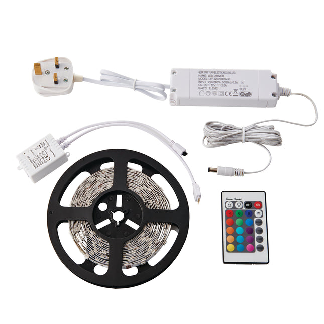 Flexline 12 V 5 m RGB LED Tape Kit – 24 W, Dimmable, IP20, Remote-Controlled