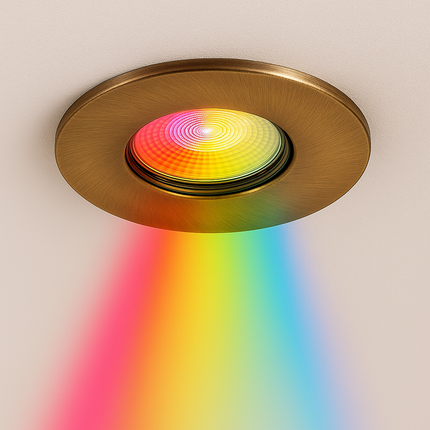 Antique brass light fixture emitting a rgb of colors on a neutral background