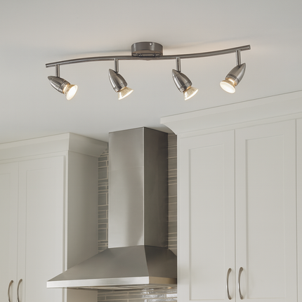 4-Light Quad Spot Bar – Adjustable Indoor Ceiling Spotlight, GU10, Brushed Chrome Steel