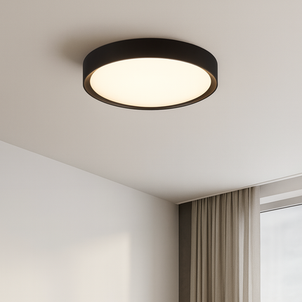 Ceiling light fixture in a modern living room with a sofa and window.