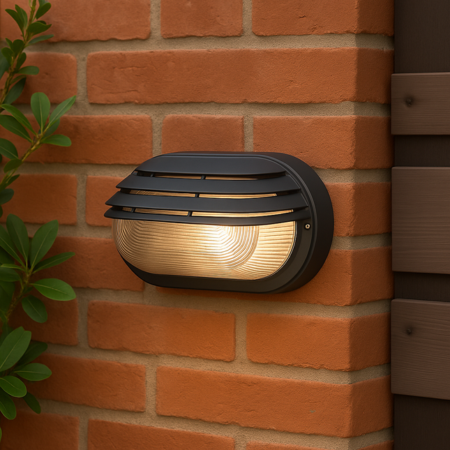 Black outdoor wall light fixture on a brick wall with a plant to the left.