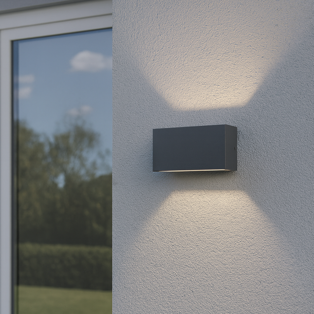 Modern outdoor wall light fixture on a house exterior