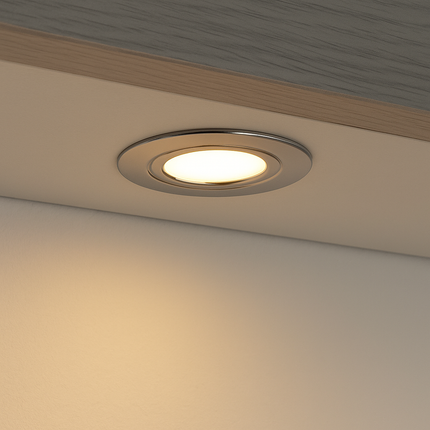 Mini Recessed Under Cabinet LED Downlight Light – 1.5W, 12V, 3000K Warm White, Polished Chrome