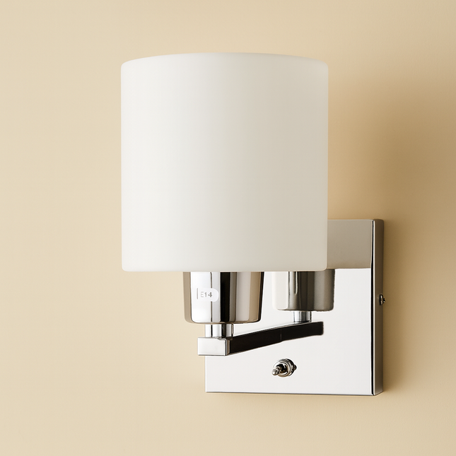 Up Indoor Wall Light – Fixed Reading Lamp with Glass Shade, On/Off Switch, Polished Chrome