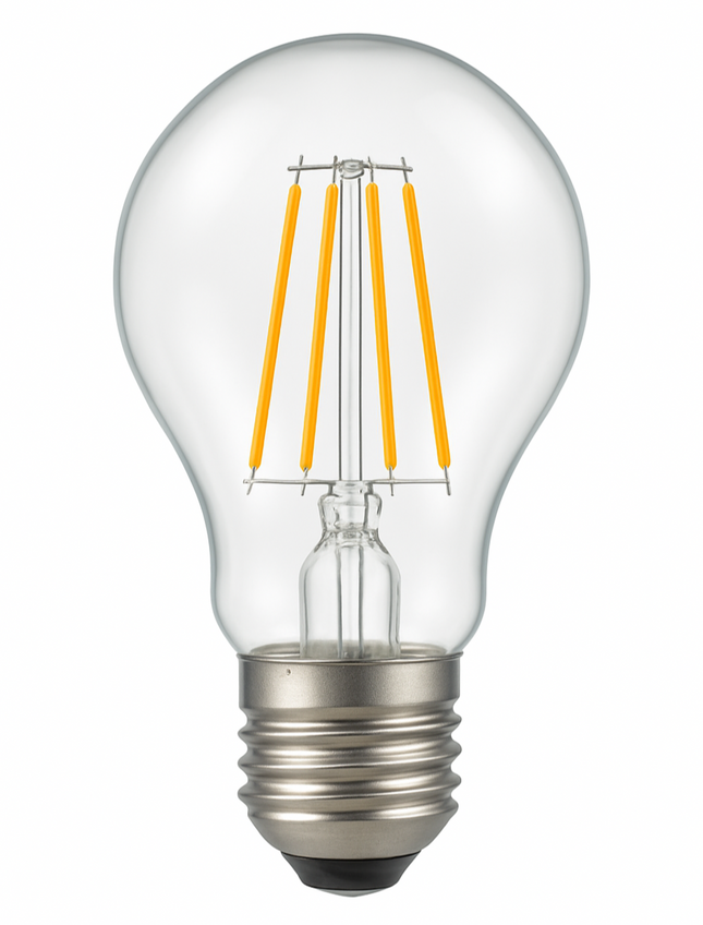 Clear LED light bulb with visible filaments on a white background