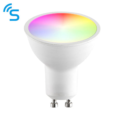 Smart light bulb with RGB color display on a white background
