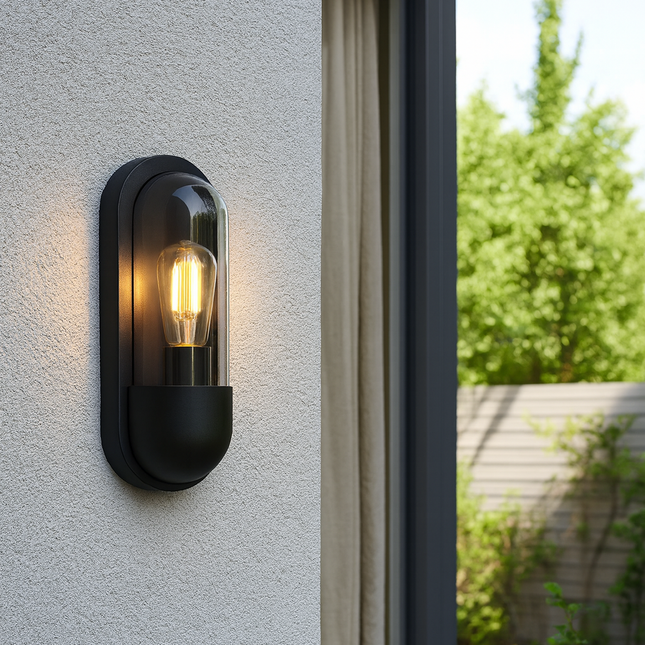 Black outdoor wall light fixture on a gray concrete wall with a garden view.