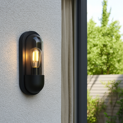 Pilule Oval Bulkhead Outdoor Wall Light – E27, Black Glass Lantern, IP44