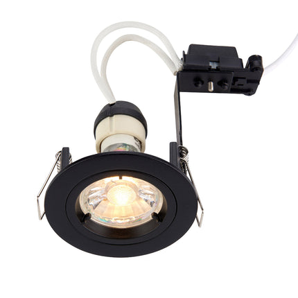 Black recessed ceiling light with visible bulb on a white background