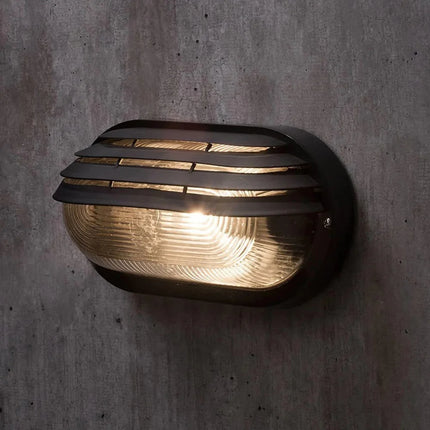 Oval Bulkhead Outdoor Light – E27, Black Caged Glass Fitting, IP44