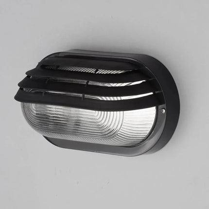 Oval Bulkhead Outdoor Light – E27, Black Caged Glass Fitting, IP44