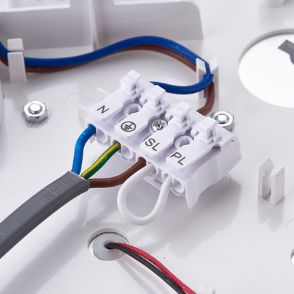 Wiring diagram with colored wires connected to a white electrical junction box.