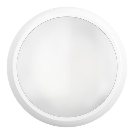 Round white light fixture on a white background