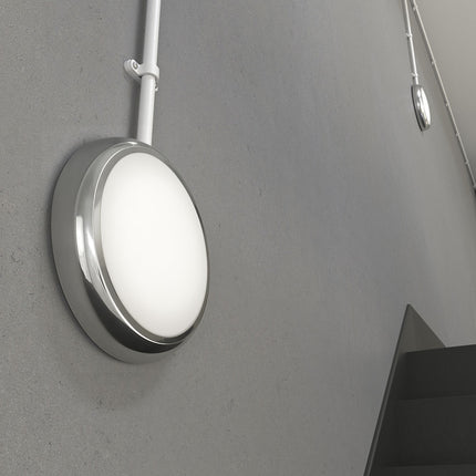 CE3X5 Round LED 3hr Emergency Corridor Sensor Bulkhead Light - Switchable 8‑16 W, 5‑CCT, IP65, Polished Chrome