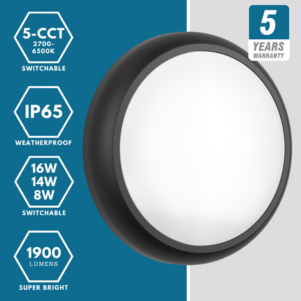 CE3X5 Round LED 3hr Emergency Microwave Sensor Bulkhead Light - Switchable 8‑16 W, 5‑CCT, IP65, Black