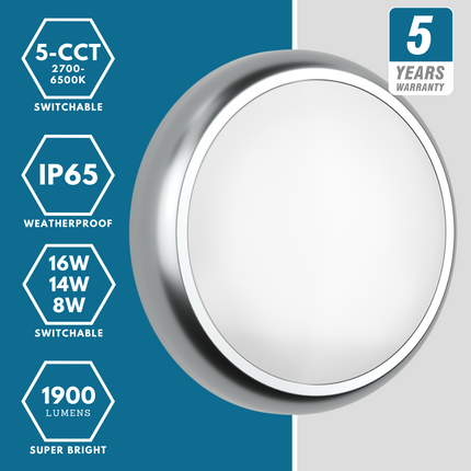 CE3X5 Round LED 3hr Emergency Corridor Sensor Bulkhead Light - Switchable 8‑16 W, 5‑CCT, IP65, Polished Chrome