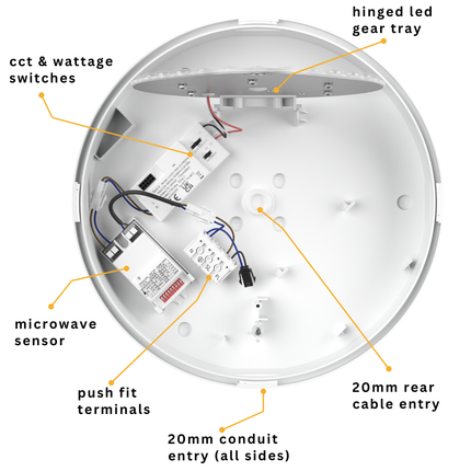 CE3X5 Round LED Microwave Sensor Bulkhead Light - Switchable 8‑16 W, 5‑CCT, IP65, Polished Chrome