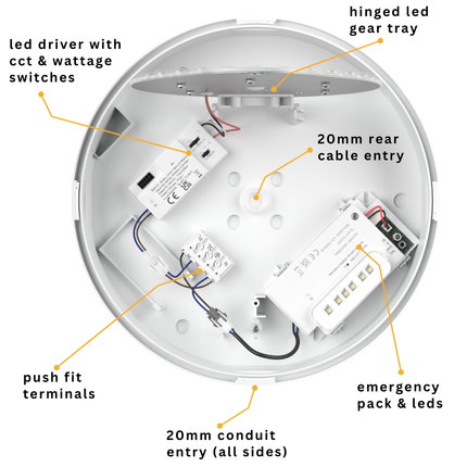 CE3X5 Round LED 3hr Emergency Bulkhead Light - Switchable 8‑16 W, 5‑CCT, IP65, White