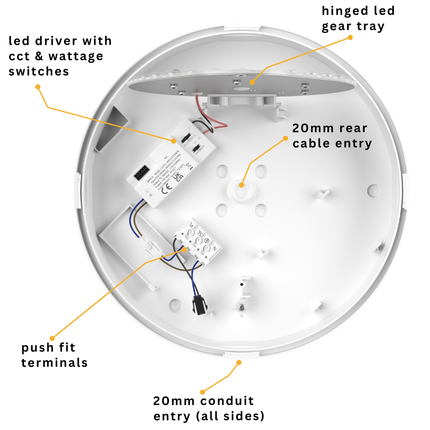 CE3X5 Round LED Bulkhead Light - Switchable 8‑16 W, 5‑CCT, IP65, Polished Chrome