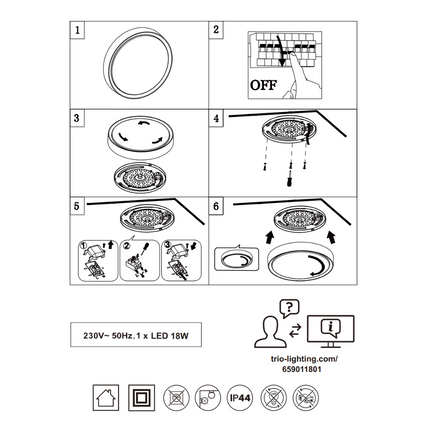 Round Ceiling Light – 18W LED, 1850lm, 3000K Warm White, IP44, Chrome