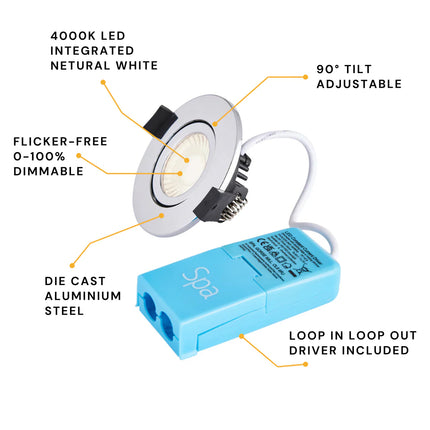 Adjustable IP65 Dimmable LED Slim Tilt Downlight, Fire Rated, 5W, 500 Lumens, Polished Chrome