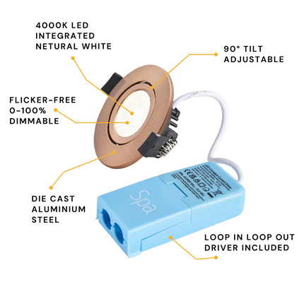 Adjustable IP65 Dimmable LED Slim Tilt Downlight, Fire Rated, 5W, 500 Lumens