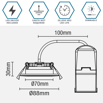 Adjustable IP65 Dimmable LED Slim Tilt Downlight, Fire Rated, 5W, 500 Lumens