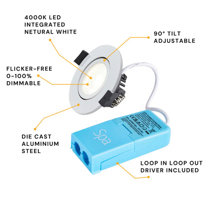 Adjustable IP65 Dimmable LED Slim Tilt Downlight, Fire Rated, 5W, 500 Lumens, White