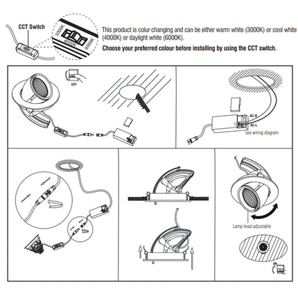 3CCT Round Adjustable Scoop Tilt Downlight – 30 W, Selectable 3000/4000/6000 K, Matt Black