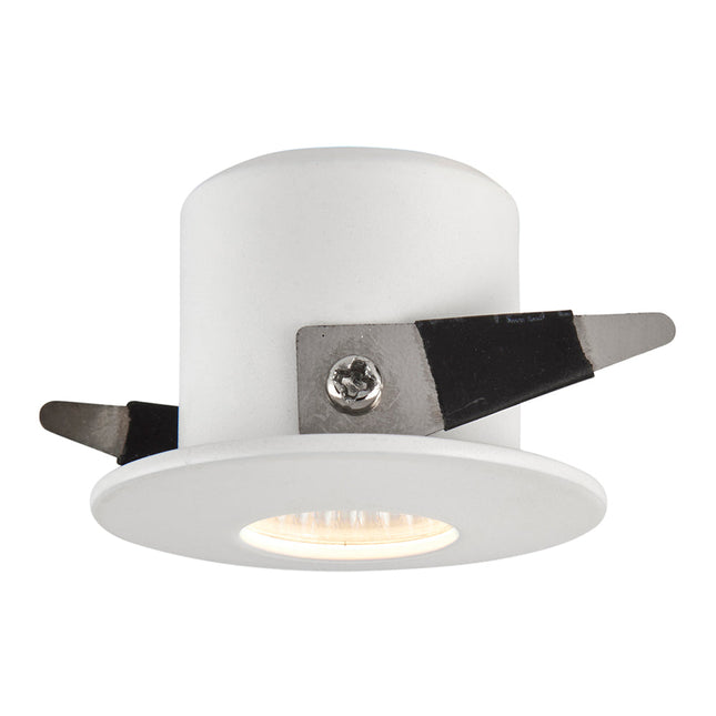 White recessed ceiling light with white trim on a white background