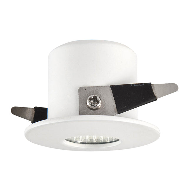White recessed ceiling light with a black and silver trim on a white background